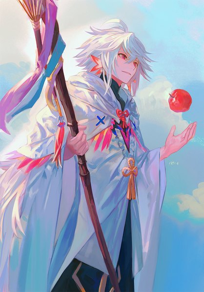 Anime picture 906x1300 with fate (series) fate/grand order merlin (fate) pofu31 single long hair tall image fringe hair between eyes red eyes signed looking away sky cloud (clouds) ahoge white hair boy fruit staff apple
