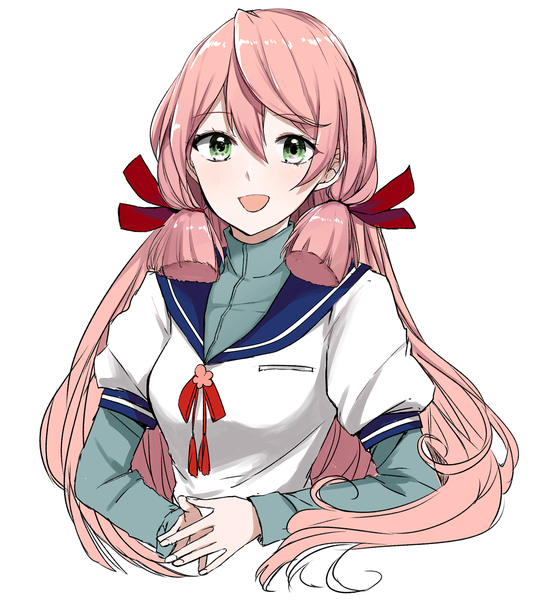 Anime picture 1150x1254 with kantai collection akashi repair ship morinaga (harumori) single long hair tall image looking at viewer fringe open mouth simple background hair between eyes white background green eyes pink hair upper body tress ribbon fingers together girl uniform ribbon (ribbons)