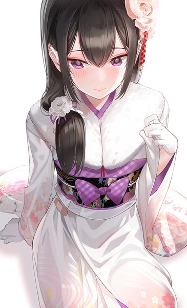 Anime picture 761x1250 with original kfr single long hair tall image looking at viewer blush fringe black hair simple background smile hair between eyes white background purple eyes payot traditional clothes japanese clothes hair flower wide sleeves arm support