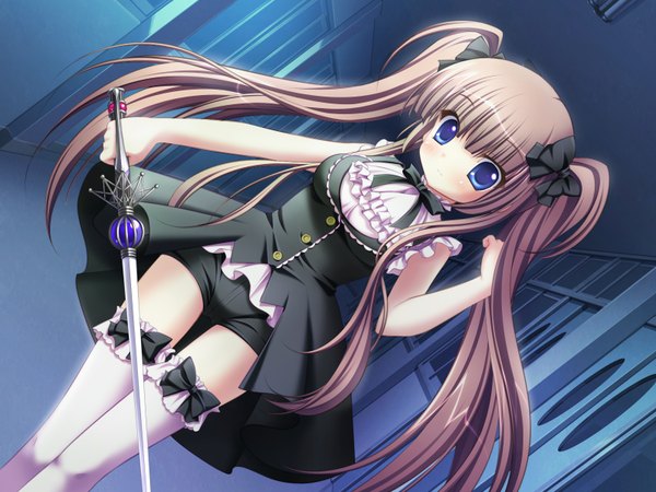 Anime picture 1600x1200 with deliverer! (game) tagme (character) single long hair blush fringe blue eyes brown hair standing twintails holding payot game cg indoors blunt bangs dutch angle floating hair girl thighhighs dress