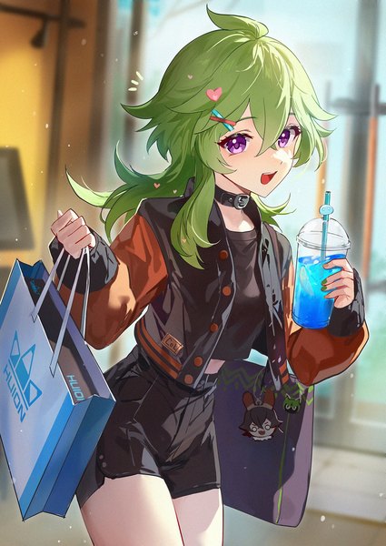 Anime picture 1500x2118 with genshin impact huion slime (genshin impact) collei (genshin impact) baron bunny (genshin impact) cuilein-anbar (genshin impact) ojae (waternaeng) single long hair tall image fringe open mouth hair between eyes purple eyes indoors :d green hair open jacket alternate costume girl