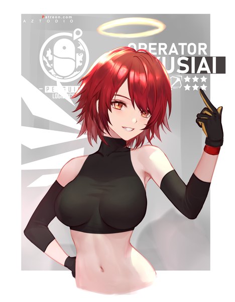 Anime picture 5967x7644 with arknights exusiai (arknights) azto dio single tall image fringe highres short hair breasts light erotic smile hair between eyes large breasts yellow eyes absurdres upper body red hair arm up character names grin