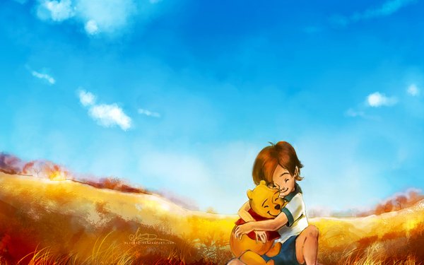 Anime picture 1440x900 with winnie the pooh christopher robin alicexz short hair brown hair wide image signed sky cloud (clouds) eyes closed hug field boy toy stuffed animal child (children) teddy bear