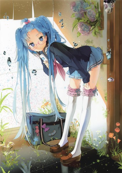 Anime picture 2083x2952 with vocaloid hatsune miku anmi single long hair tall image highres blue eyes twintails blue hair scan girl thighhighs skirt uniform flower (flowers) plant (plants) school uniform miniskirt white thighhighs