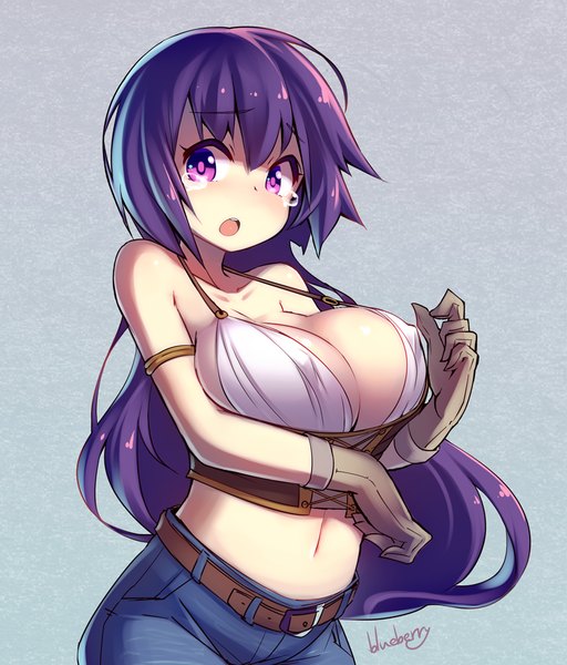 Anime picture 873x1022 with original blueberry (5959) single long hair tall image blush fringe breasts light erotic simple background large breasts standing purple eyes bare shoulders purple hair grey background bare belly erect nipples tears covered nipples