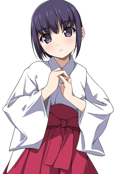 Anime picture 800x1200 with original matsunaga kouyou single tall image looking at viewer blush short hair black hair simple background white background purple eyes traditional clothes japanese clothes miko girl