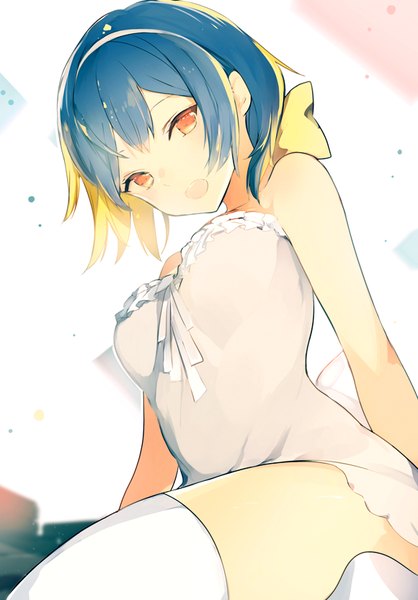 Anime picture 580x832 with original lpip single tall image looking at viewer blush fringe short hair breasts open mouth light erotic blonde hair sitting bare shoulders payot blue hair head tilt multicolored hair blurry arm support