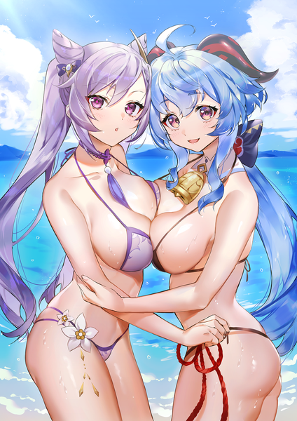 Anime picture 1013x1433 with genshin impact ganyu (genshin impact) keqing (genshin impact) ichibi long hair tall image looking at viewer breasts light erotic large breasts purple eyes twintails multiple girls blue hair sky purple hair cloud (clouds) ahoge outdoors horn (horns)
