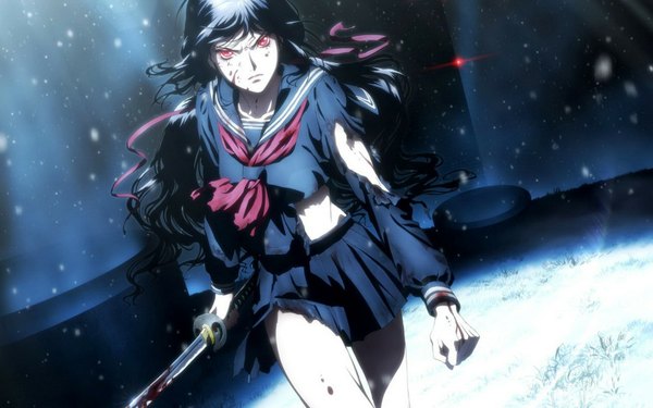 Anime picture 1680x1050 with blood c production i.g kisaragi saya kazuchika kise single long hair black hair red eyes wide image torn clothes battle girl ribbon (ribbons) weapon hair ribbon sword serafuku katana blood