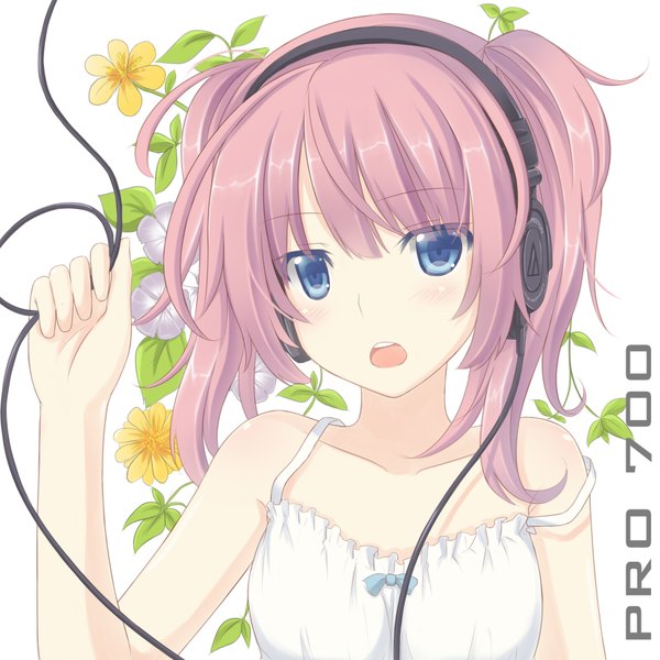 Anime picture 1800x1800 with original mizunashi kenichi blush highres short hair open mouth blue eyes pink hair girl flower (flowers) headphones