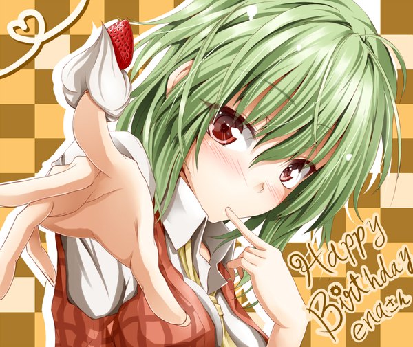 Anime picture 1900x1600 with touhou kazami yuuka flask (pandora) single looking at viewer blush highres short hair red eyes green hair finger to mouth checkered background girl food berry (berries) strawberry cream