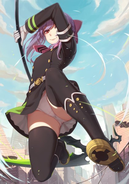 Anime picture 1800x2565 with owari no seraph wit studio hiiragi shinoa nian (zhanian) single long hair tall image looking at viewer highres light erotic smile twintails holding brown eyes purple hair city cameltoe upskirt smirk midair