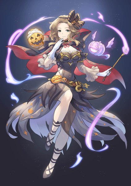 Anime picture 1273x1800 with granblue fantasy florence (granblue fantasy) yuiko (yuiyuiko 108) tall image looking at viewer short hair breasts simple background smile brown hair green eyes full body bent knee (knees) dark background blue background halloween hand to mouth underbust dress gloves