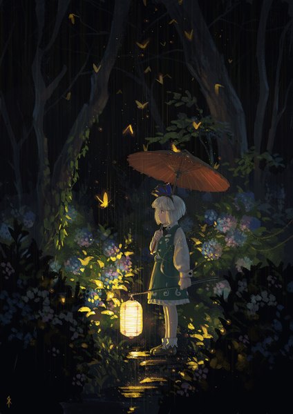 Anime picture 919x1300 with touhou konpaku youmu seeker single tall image short hair green eyes signed white hair night rain girl skirt flower (flowers) plant (plants) tree (trees) insect butterfly umbrella vest