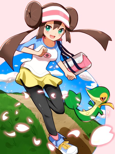 Anime picture 1200x1600 with pokemon pokemon black and white nintendo rosa (pokemon) snivy nuneno single long hair tall image looking at viewer blush fringe open mouth hair between eyes brown hair twintails green eyes payot sky cloud (clouds)