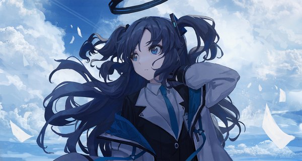 Anime picture 2500x1334 with blue archive yuuka (blue archive) nekoreito single long hair highres blue eyes wide image blue hair looking away sky cloud (clouds) upper body outdoors wind two side up girl uniform school uniform necktie