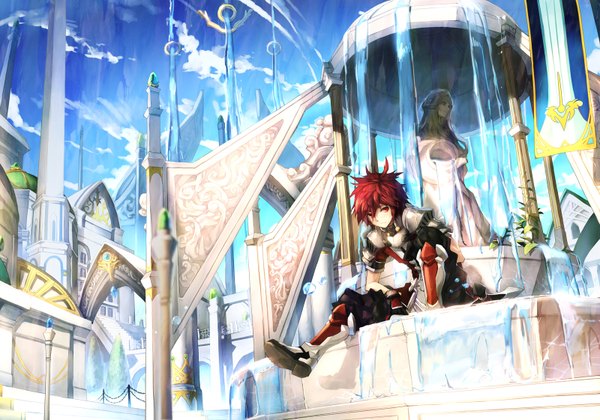 Anime picture 1600x1122 with elsword lord knight (elsword) scorpion5050 single short hair red eyes sitting sky cloud (clouds) red hair boy water armor statue fountain