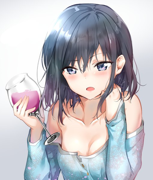 Anime picture 2312x2716 with masamune-kun no revenge silver link adagaki aki nyung single tall image looking at viewer blush fringe highres short hair breasts open mouth blue eyes light erotic black hair simple background hair between eyes holding upper body
