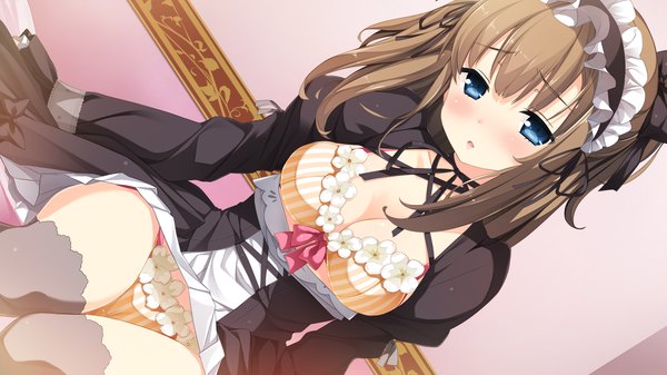 Anime picture 1920x1080 with berry's houkou yuuka sakura koharu long hair blush highres breasts blue eyes light erotic brown hair wide image game cg girl thighhighs dress underwear panties black thighhighs headdress