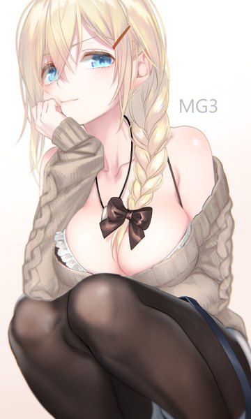 Anime picture 1500x2500 with girls frontline mg3 (girls frontline) pottsness single long hair tall image looking at viewer blush fringe blue eyes light erotic simple background blonde hair hair between eyes white background bare shoulders payot braid (braids) long sleeves light smile
