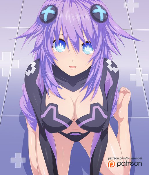 Anime picture 771x900 with choujigen game neptune neptune (choujigen game neptune) purple heart blue-senpai single long hair tall image looking at viewer blush fringe breasts open mouth blue eyes light erotic smile hair between eyes large breasts sitting signed cleavage