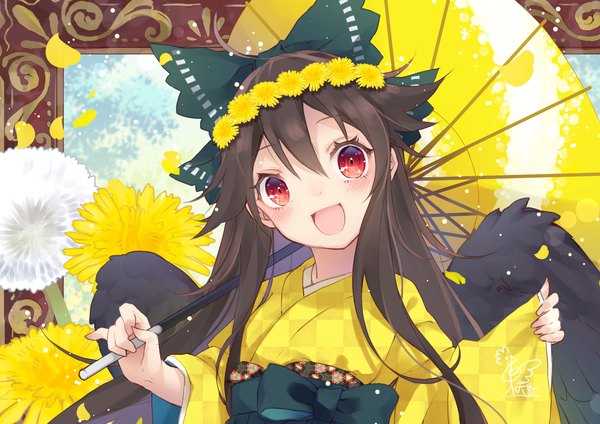 Anime picture 1803x1273 with touhou reiuji utsuho toutenkou single long hair looking at viewer fringe highres open mouth smile hair between eyes red eyes brown hair signed traditional clothes head tilt :d japanese clothes alternate costume checkered