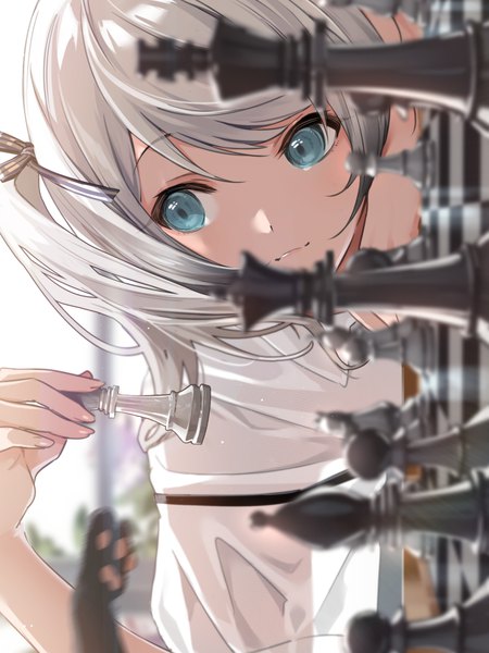 Anime picture 960x1280 with original zattape single long hair tall image fringe blue eyes smile twintails holding looking away white hair indoors blurry short sleeves depth of field sideways girl ribbon (ribbons) hair ribbon