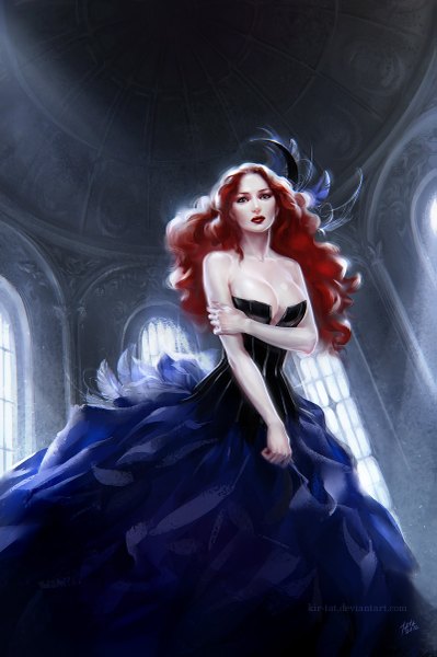 Anime picture 799x1200 with kir-tat (artist) single long hair tall image breasts red eyes brown hair brown eyes cleavage red hair sunlight lipstick wavy hair crossed arms red lipstick girl dress window feather (feathers) corset