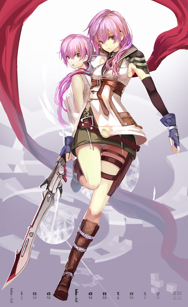 Anime picture 1240x2027 with final fantasy xiii saberiii long hair tall image open mouth light erotic red eyes multiple girls pink hair girl skirt gloves underwear panties weapon 2 girls sword boots fingerless gloves grey panties