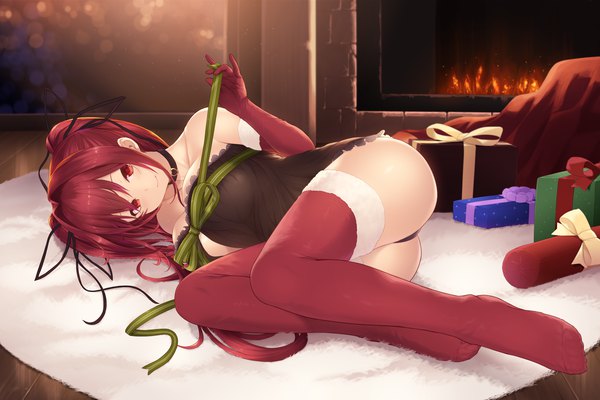 Anime picture 7441x4961 with shinmai maou no testament production ims naruse mio cait single long hair looking at viewer fringe highres breasts light erotic smile red eyes large breasts bare shoulders absurdres ass red hair indoors lying