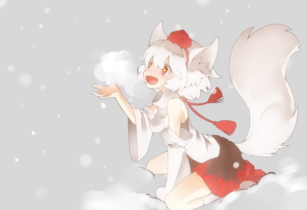 Anime picture 1440x990 with touhou inubashiri momiji namauni single blush short hair open mouth red eyes bare shoulders animal ears looking away white hair tail traditional clothes japanese clothes animal tail snowing winter snow exhalation