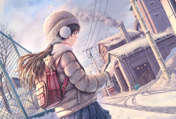 Anime picture 2364x1604 with original soraizumi single long hair highres blue eyes brown hair standing holding looking away sky cloud (clouds) outdoors profile dutch angle fur trim snowing winter smoke snow