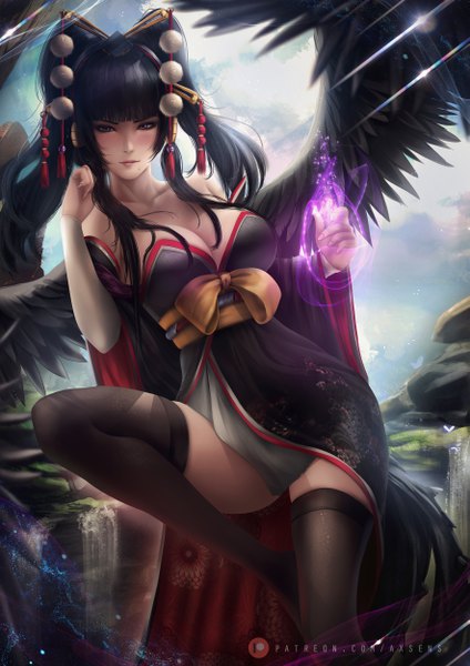 Anime picture 3532x5000 with dead or alive dead or alive 5 nyotengu axsen single long hair tall image looking at viewer blush fringe highres breasts light erotic black hair large breasts standing purple eyes twintails signed payot