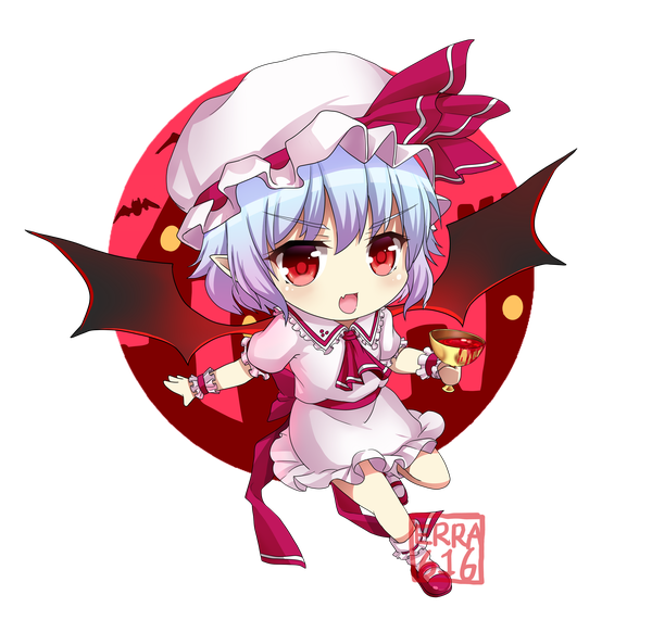 Anime picture 2893x2756 with touhou remilia scarlet eierra single blush fringe highres short hair open mouth red eyes signed looking away purple hair full body bent knee (knees) pointy ears transparent background chibi bat wings girl