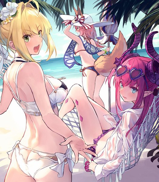 Anime picture 700x800 with fate (series) fate/grand order fate/extra fate/extra ccc nero claudius (fate) tamamo (fate) (all) nero claudius (bride) (fate) elizabeth bathory (fate) (all) tamamo no mae (swimsuit lancer) (fate) elizabeth bathory (fate) supertie long hair tall image blush fringe short hair breasts open mouth blue eyes light erotic