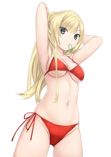 Anime picture 1132x1600 with kimi shini tamou ryuuseigun morita imari coffee-kizoku single long hair tall image looking at viewer fringe breasts light erotic simple background blonde hair hair between eyes standing white background holding green eyes payot cleavage ponytail