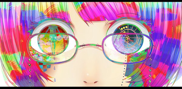 Anime picture 1637x800 with original kaneko kaihatsu single looking at viewer short hair wide image multicolored hair tears heterochromia letterboxed close-up face multicolored eyes girl glasses teardrop