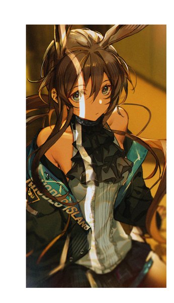 Anime picture 1430x2479 with arknights amiya (arknights) a4-kalajiao single long hair tall image looking at viewer fringe blue eyes hair between eyes brown hair animal ears from above off shoulder bunny ears border light girl