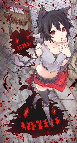 Anime picture 660x1220 with original curryuku single tall image looking at viewer short hair black hair red eyes bare shoulders animal ears horn (horns) cat ears zettai ryouiki torn clothes halloween walking vampire girl thighhighs navel
