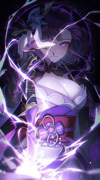 Anime picture 1390x2500 with genshin impact raiden shogun orecalc3092 single long hair tall image looking at viewer blush fringe breasts light erotic large breasts standing purple eyes purple hair nail polish traditional clothes japanese clothes mole anaglyph