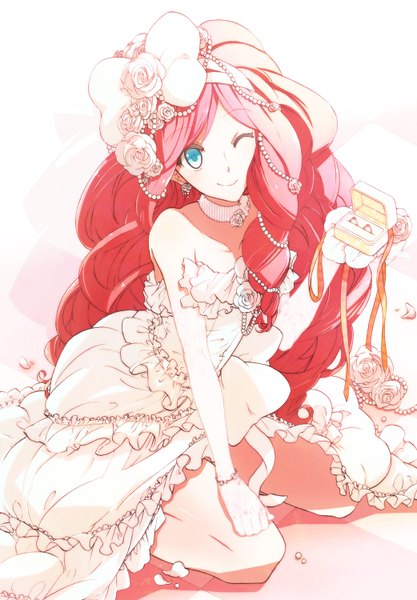 Anime picture 1042x1500 with uta no prince-sama a-1 pictures tsukimiya ringo single tall image looking at viewer simple background smile white background bare shoulders pink hair one eye closed hair flower aqua eyes wink kneeling checkered floor floor otoko no ko dress