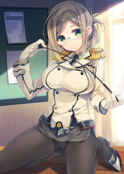 Anime picture 624x876 with kantai collection katori (kantai collection) ariko youichi single long hair tall image looking at viewer breasts light erotic smile brown hair large breasts holding green eyes ahoge indoors head tilt pantyshot girl gloves