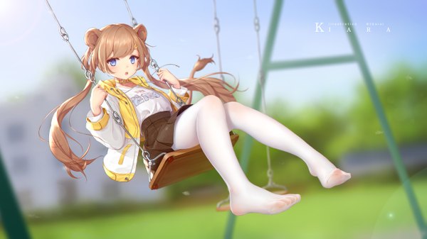 Anime picture 5139x2890 with original kiara (maou renjishi) bigxixi single long hair looking at viewer blush fringe highres open mouth blue eyes brown hair wide image sitting twintails holding animal ears absurdres full body bent knee (knees)