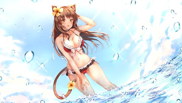 Anime picture 6000x3375 with virtual youtuber indie virtual youtuber effiez (vtuber) ijac ray single long hair looking at viewer blush fringe highres breasts open mouth light erotic brown hair wide image large breasts standing animal ears yellow eyes absurdres