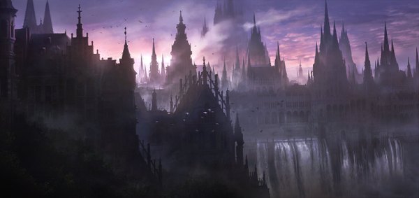 Anime picture 1280x604 with jonas de ro (jenovah-art) wide image sky cloud (clouds) shadow smoke flying no people waterfall sunrise animal water bird (birds) castle