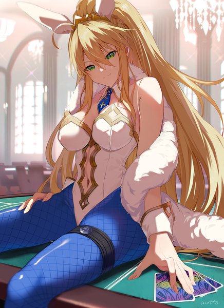 Anime picture 1308x1800 with fate (series) fate/grand order artoria pendragon (all) artoria pendragon (swimsuit ruler) (fate) mocha (mokaapolka) single long hair tall image looking at viewer fringe breasts light erotic blonde hair smile hair between eyes large breasts sitting green eyes animal ears payot