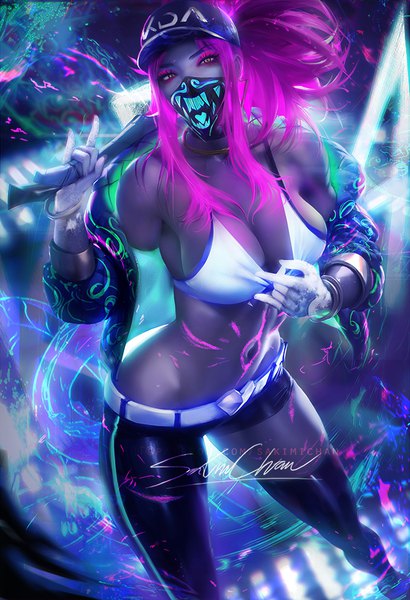 Anime-Bild 684x1000 mit league of legends k/da (league of legends) akali (league of legends) k/da akali sakimichan single long hair tall image looking at viewer blush fringe breasts light erotic large breasts standing bare shoulders holding yellow eyes payot pink hair