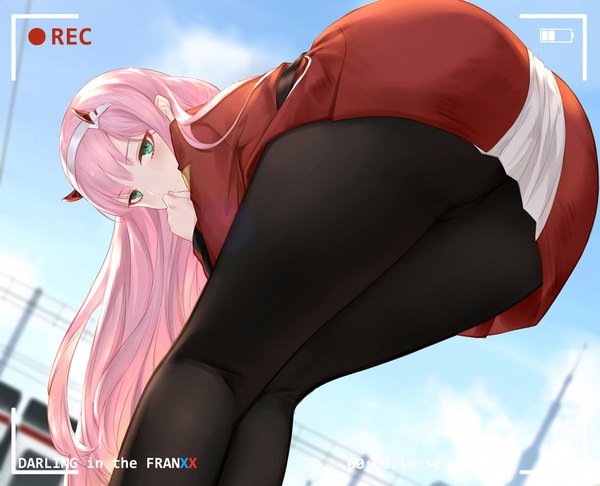 Anime picture 1776x1440 with darling in the franxx studio trigger zero two (darling in the franxx) yijian ma single long hair looking at viewer highres light erotic green eyes pink hair sky ass horn (horns) from behind leaning leaning forward copyright name military recording