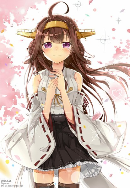 Anime picture 700x1014 with kantai collection kongou battleship myuton single long hair tall image looking at viewer fringe smile brown hair standing purple eyes bare shoulders ahoge long sleeves traditional clothes japanese clothes pleated skirt wide sleeves zettai ryouiki