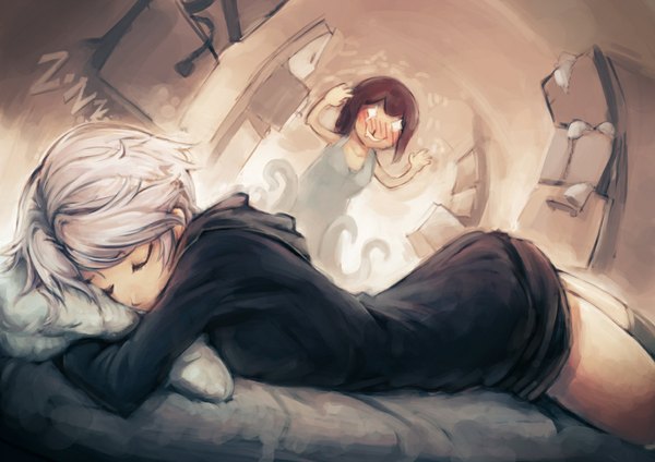 Anime picture 1170x827 with original saimon ma blush short hair white hair lying eyes closed sleeping girl pillow bed room